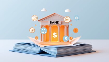 A bank building emerges from an open book, surrounded by financial icons, symbolizing banking knowledge and financial education.