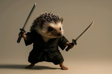 Samurai Hedgehog with Dual Katana in Ninja Outfit &ndash; Funny Animal Warrior Art