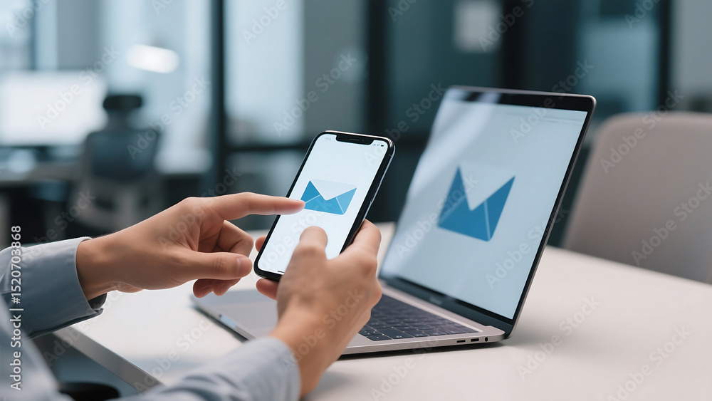 Poster person using smartphone and laptop with matching blue envelope logo displayed on both screens