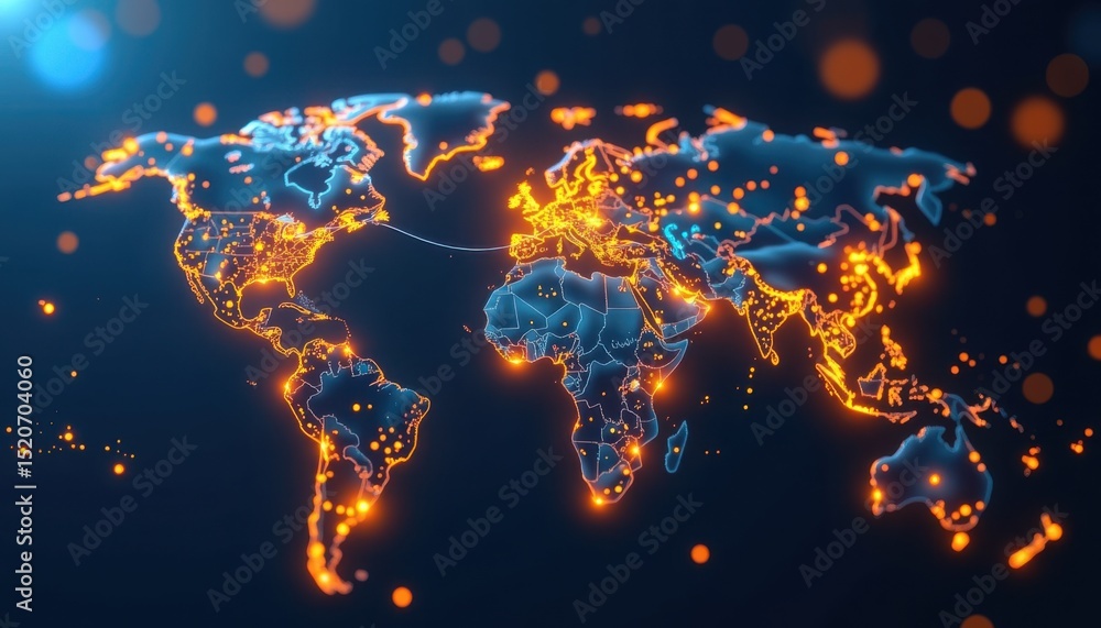 Poster a glowing digital world map highlights major cities and global connectivity with illuminated network