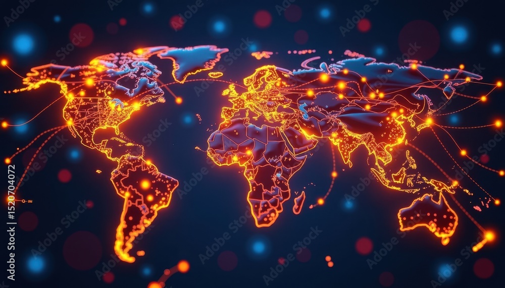 Poster a glowing digital world map with interconnected nodes, representing global communication and network
