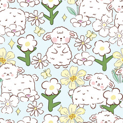 Cute baby sheep in flower garden cartoon seamless pattern