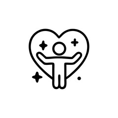 Outline of a human figure with arms outstretched within a heart, representing well-being or self-love. Wellness and emotional health concept