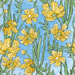 Watercolor yellow flower and green leaf on sky blue background seamless pattern