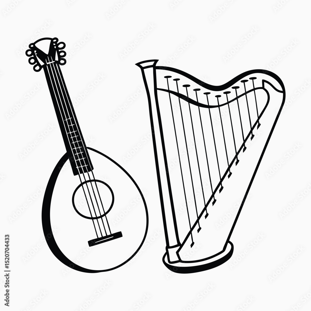 Fototapete elegant mandolin and harp sketch, classical string instruments art