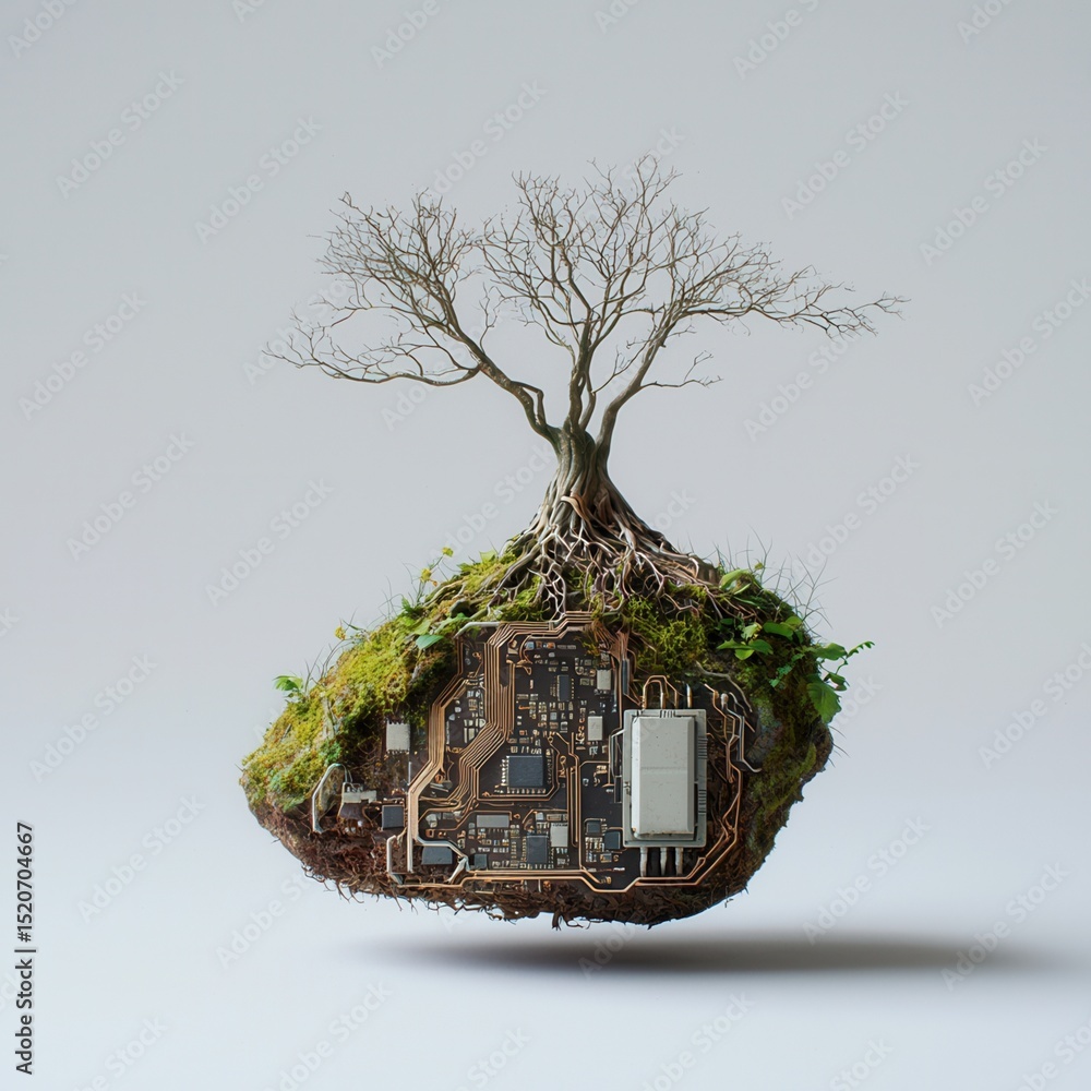 Poster nature conservation concept a tree with roots intertwining with circuit board elements.