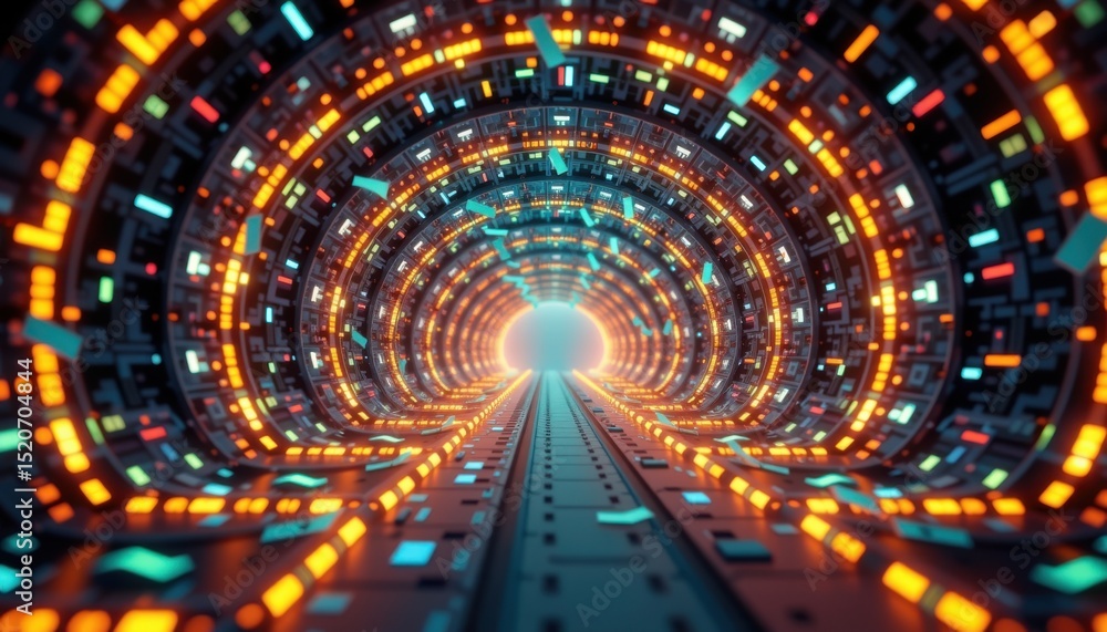 Poster futuristic tunnel with glowing digital lights, creating a sense of advanced technology and rapid mov