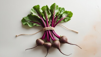 Freshly harvested beets tied with twine on a textured white background