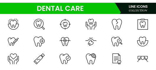 Vector illustration web line icon collection featuring dental care symbols like toothbrush, toothpaste, tooth, dental floss, dentist tools, braces, and smiling teeth.
