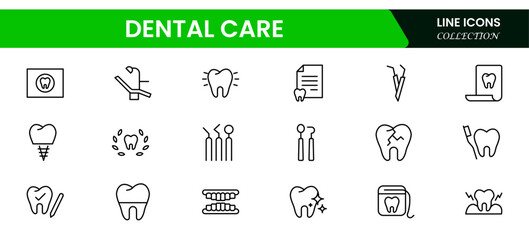 Vector illustration web line icon collection featuring dental care symbols like toothbrush, toothpaste, tooth, dental floss, dentist tools, braces, and smiling teeth.
