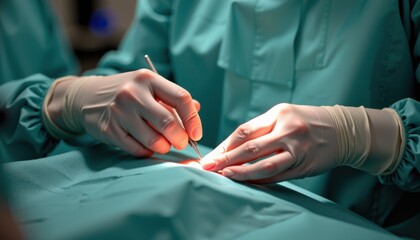 A surgeon's hands performing a precise surgical procedure in an operating room, wearing sterile gloves and scrubs.