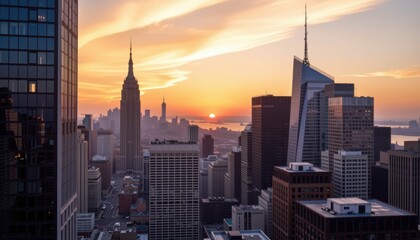 Fototapeta premium A vibrant city skyline at sunset, featuring iconic skyscrapers and a dramatic sky.