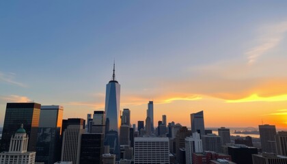 Fototapeta premium A city skyline with tall skyscrapers at sunset, featuring a prominent tower against a colorful sky.