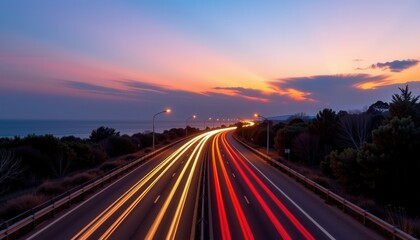 A highway at dusk with colorful light trails from cars, set against a scenic sunset sky and distant trees.
