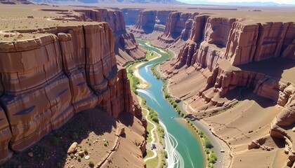 A winding river flows through a deep, dramatic canyon with towering red rock cliffs and a clear blue sky above.