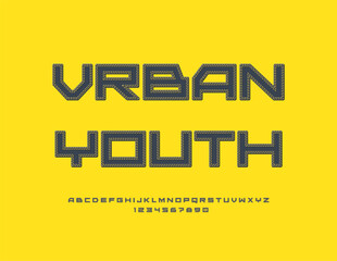 Vector Cool emblem Urban Youth. Black Denim Font. Jeans style Alphabet Letters and Numbers set.
