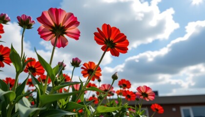 Bright red flowers bloom under a partly cloudy sky, with a building in the background, creating a vibrant garden scene.