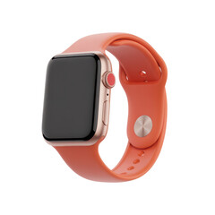 Apple watch series 8 gold aluminum case with coral sport band isolated on transparent background