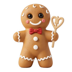 Cheerful gingerbread figure, smiling cookie character with icing decoration, festive theme, perfect for holiday treats. Isolated on white background or PNG