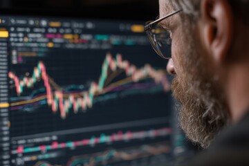 Crypto trader with bitcoin chart on dark grey bg, digital assets, market volatility