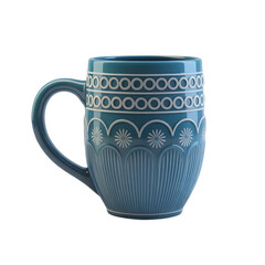 Blue ceramic mug with floral design isolated on transparent background