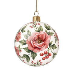 Decorative ornament hanging, round ceramic ornament with floral design featuring a rose, ideal for holiday or home decor. Isolated on white background or PNG