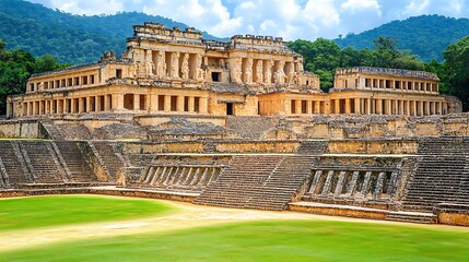 Obraz premium Majestic Mayan Ruins of Palenque with Lush Green Lawns and Mountain Backdrop