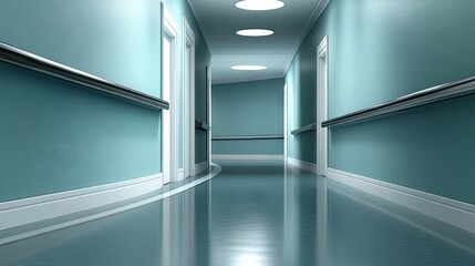 Empty hospital hallway with light teal walls and white trim.