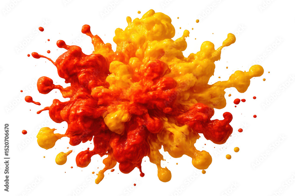 Poster bright orange and yellow paint splattering dynamically, creating colorful transparency against clean
