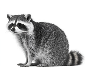 Fototapeta premium Cute baby raccoon, a wild mammal, with brown fur and a mask, sitting isolated on a white background