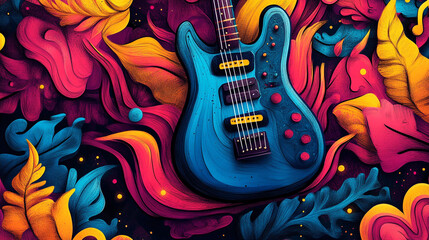 Fototapeta premium Vibrant electric guitar art colorful abstract floral design background red blue bold.