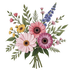Colorful wildflower bouquet, vibrant pink and purple blooms with green foliage, perfect for spring decor or gifting. Isolated on white background or PNG