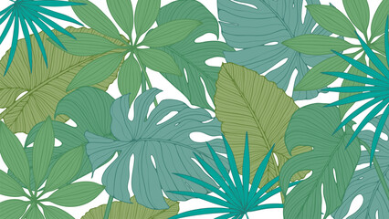 Green tropical foliage vector botanical background. Monstera leaves, palm branches and tropical plants abstract design