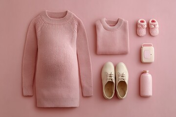 Pregnant woman with baby items on blush pink bg, maternity concept, motherhood journey