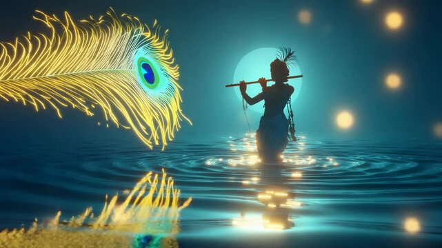 Divine Krishna Playing Flute On Water With Galaxy Sky Loop