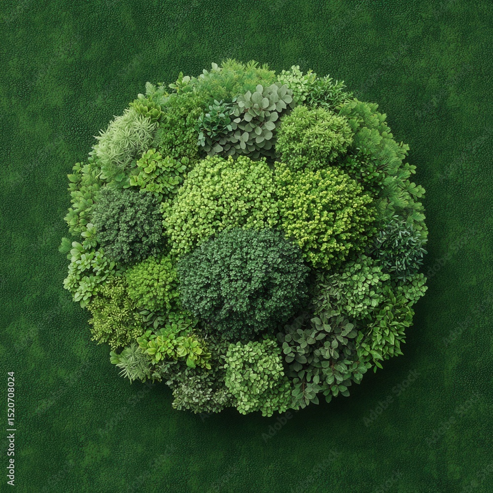 Poster nature conservation concept lush circular greenery with intricate leaf patterns and textures.