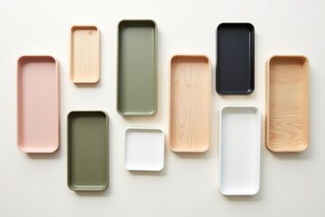 Wall of wooden trays in various colors and sizes