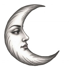Elegant moon illustration, vintage style with a serene face, perfect for mystical themes or enchanting designs. Isolated on white background or PNG