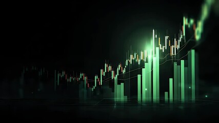 Abstract financial chart with green candlestick patterns and glowing elements against a dark background - Powered by Adobe