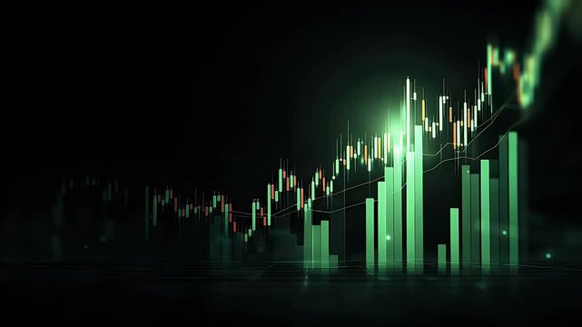 Abstract financial chart with green candlestick patterns and glowing elements against a dark background