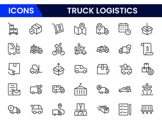 Vector illustration web line icons depicting truck logistics: cargo transport, delivery routes, freight trucks, supply chain, warehouse, and efficient distribution systems.
