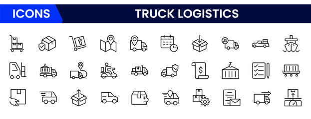 Vector illustration web line icons depicting truck logistics: cargo transport, delivery routes, freight trucks, supply chain, warehouse, and efficient distribution systems.
