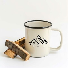 Camping mug with mountain design and firewood perfect for outdoor adventures and cozy campfire evenings