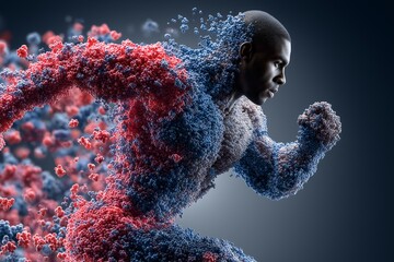 Athlete with protein molecules on steel grey bg, fitness motivation, sports nutrition, bodybuilding