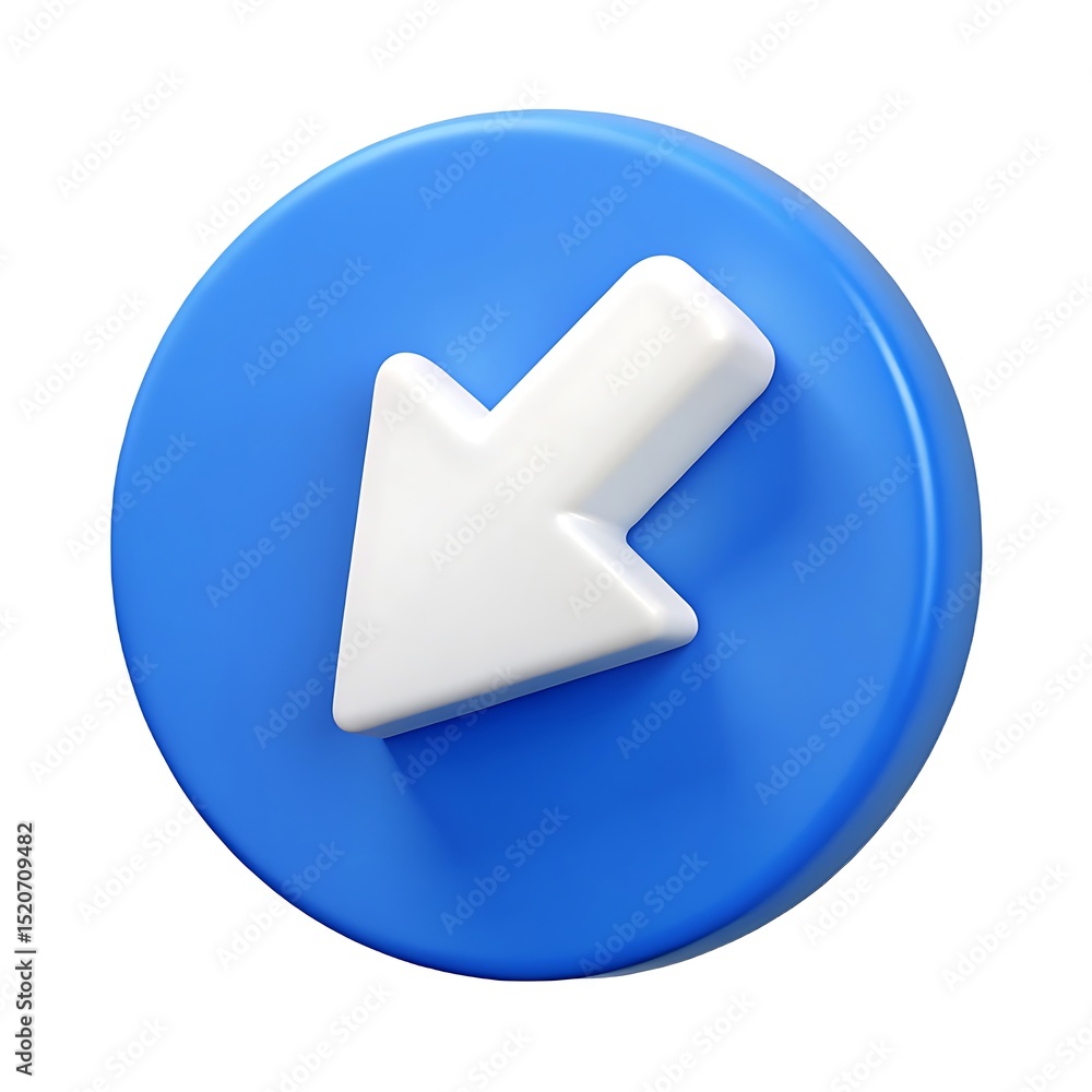 Poster 3d rendered blue circle button with white arrow pointing down left direction isolated on white backg