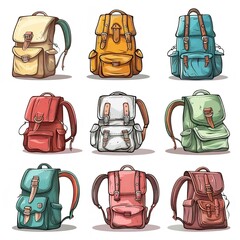 Vintage backpack collection illustration travel rucksack school bag hiking pack camping gear design set