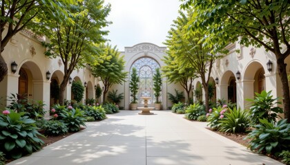 Fototapeta premium Elegant Courtyard with Lush Greenery and Fountain Surrounded by Architectural Arches