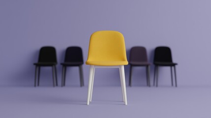 Fototapeta premium Seat. Four black chairs and one yellow. A yellow chair standing in front of other chairs on a purple background. Furniture