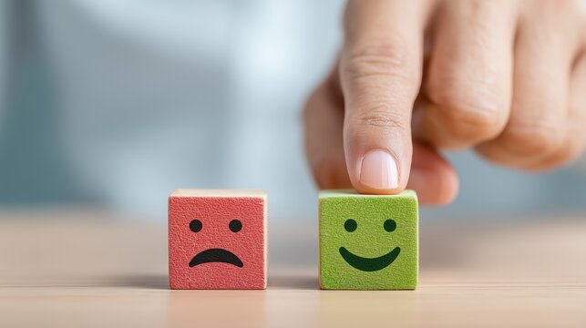 Positive and negative customer experience status chart for good or bad review connections. Select. Choice. A hand pointing to a green happy face icon. Wooden blocks symbolizing client satisfaction
