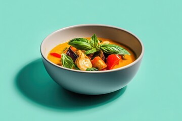 Delicious thai green curry with fresh basil kitchen food photography minimalist setting close-up culinary art